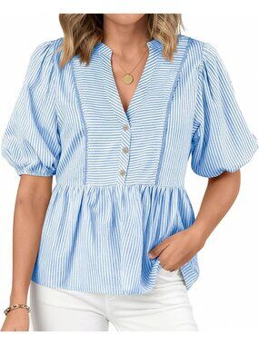 Women's Summer Tops Light Blue Lantern Short Sleeve V Neck Button Peplum Shirts